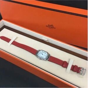 Hermes Rallye RA2.210 Silver Tone Red Leather Quartz Ladies Watch With Box